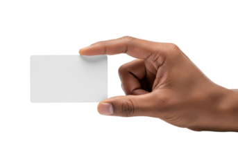 a meticulously groomed, mature black man's hand holds a pristine, blank white rectangular card mockup, isolated on a seamless high-key white background with copy space, perfect professional business