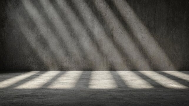 A room with a concrete wall and floor, illuminated by sunlight streaming in from the top left. - Powered by Adobe