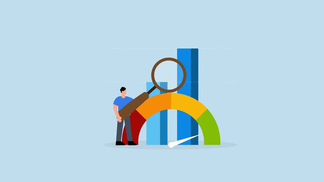 KPI key performance indicator, 4k animation of businessman magnify benchmark metric graph scale.