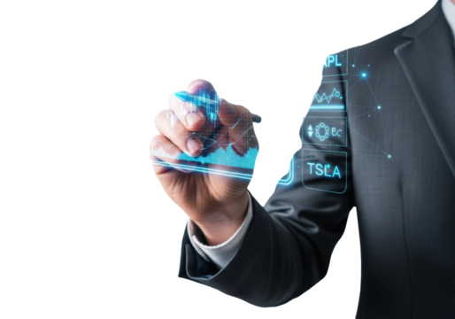 Male hand in suit cuff using a silver stylus to control a glowing neon blue holographic interface displaying financial charts against a transparent studio background. Concept of modern data - Powered by Adobe