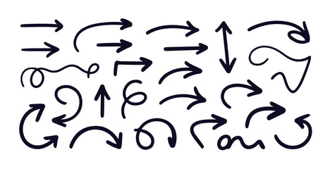 Set of black hand drawn arrows isolated on white background pointer direction sign doodle style