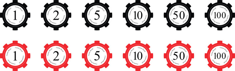 Flat design red and black gear icons set with numeric labels from one to one hundred in close up top view isolated on white background vector illustration