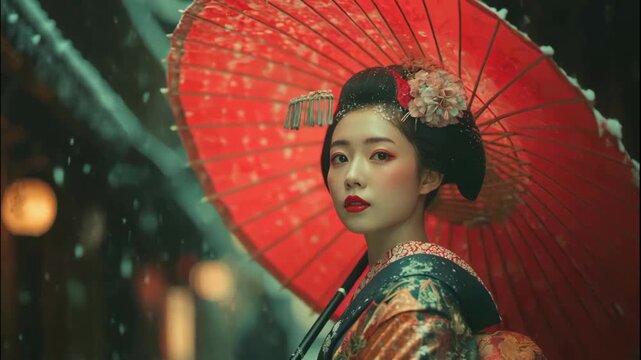 Maiko Holding Red Umbrella in Snow Looking at Camera