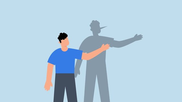 Trust, 4k animation of dishonesty businessman lying with Pinocchio long nose shadow.