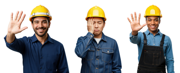 Diverse group of three male construction workers wearing yellow hard hats showing different emotions and hand gestures against a transparent background.