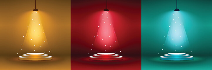 Colored stage spotlights with blue red and purple lighting effects on circular platforms vector illustration