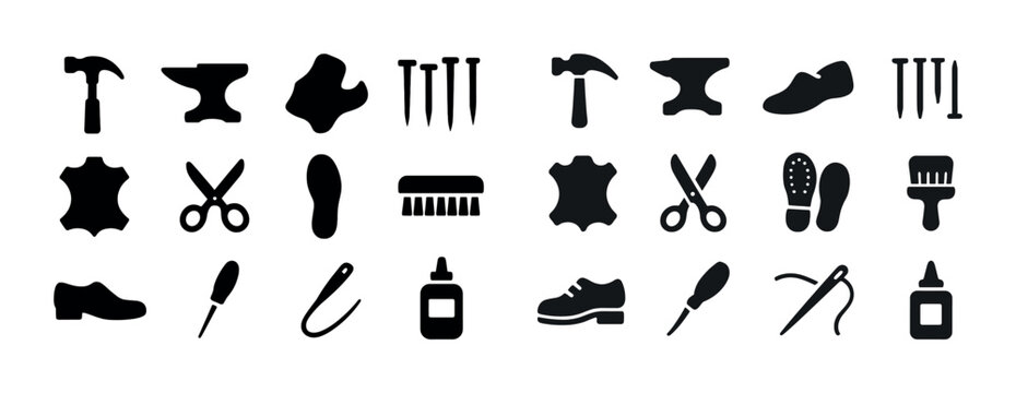 Collection of blacksmith and shoemaking silhouettes: tools and materials