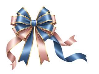 Elegant blue and pink ribbon bow with gold trim on white background isolated on transparent background