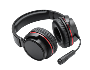 Black gaming headset with red details isolated on white background