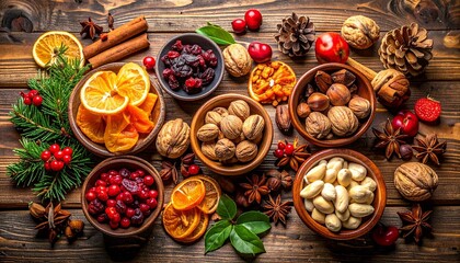 Holiday Arrangement of Nuts, Dried Fruits, and Spices on Rustic Wooden Surface