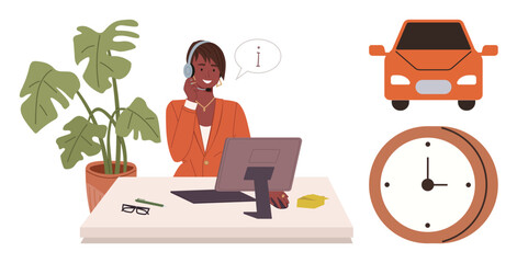 Customer service agent with headset assisting clients at desk, next to computer, car, clock, and plant. Ideal for customer support, time management, transportation, efficiency professionalism