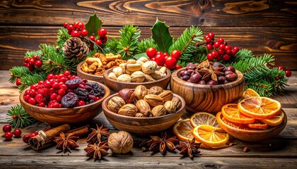 Holiday Arrangement of Nuts, Dried Fruits, and Spices on Rustic Wooden Surface