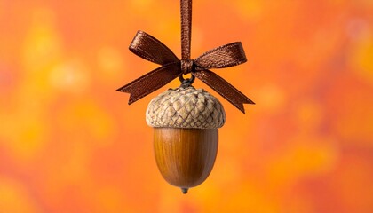 Single Acorn Hanging from Brown Ribbon on Warm Autumn Background