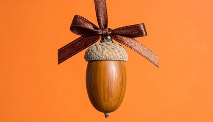 Single Acorn Hanging from Brown Ribbon on Warm Autumn Background