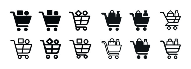 Set of twelve shopping cart icons in different styles
