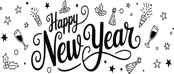 Stylish Happy New Year calligraphy typography banner decorated with holly, stars, party hats, and champagne glasses, black outline illustration © Al