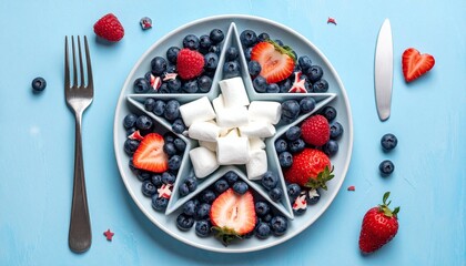 Patriotic Fruit and Cream Arrangement in Star-Shaped Dish on Blue Background