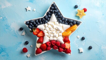 Patriotic Fruit and Cream Arrangement in Star-Shaped Dish on Blue Background