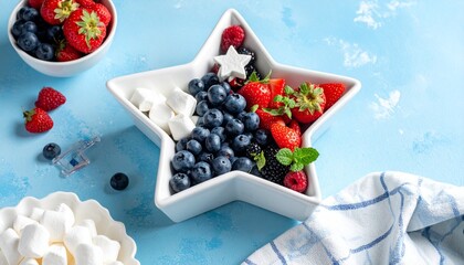 Patriotic Fruit and Cream Arrangement in Star-Shaped Dish on Blue Background