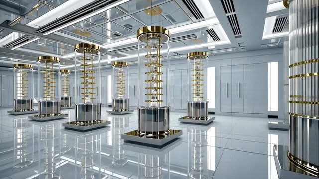 Bright laboratory chamber featuring multiple tall cylindrical devices with gold coils arranged symmetrically on a reflective white floor