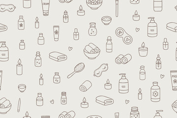 Seamless pattern vector illustration of spa icons including candles, towels, lotions, and essential oils. Line art design perfect for beauty and relaxation themes.