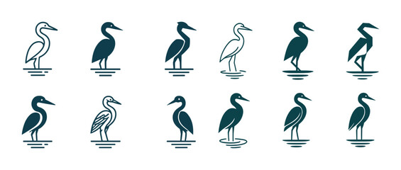 Fototapeta premium Stylized bird silhouettes: elegant heron and crane designs in minimalist art