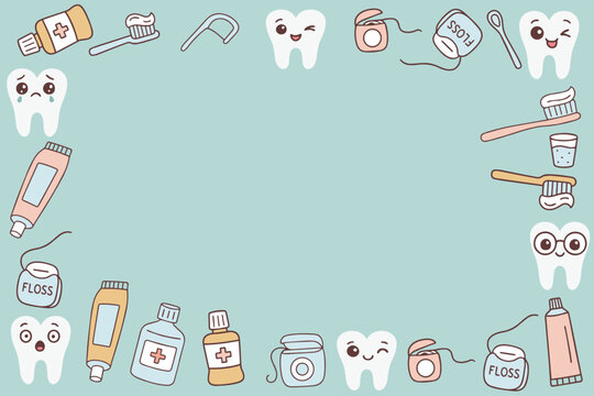  dental care items and smiling teeth on a pastel background. Ideal for promoting oral hygiene and dental health awareness.
