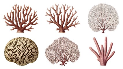 Six diverse types of corals, including branching and fan species, on a white background