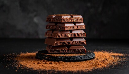 Stack of Chocolate Bars with Cocoa Powder on Dark Textured Surface