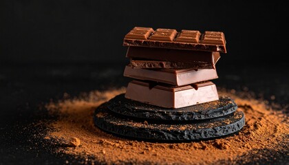 Stack of Chocolate Bars with Cocoa Powder on Dark Textured Surface