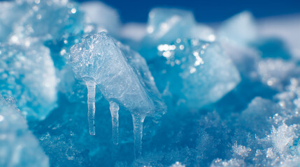 Macro photograph showing blue ice crystals with small icicles forming on the surface. The image highlights the texture and clarity of the frozen structures in a cold environment.