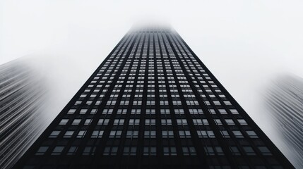 The image shows a tall skyscraper with a black and white color scheme.