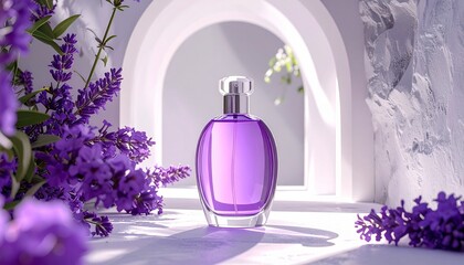 Purple Perfume Bottle in Abstract Tunnel of Arched Structures with Gradient Lighting