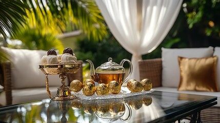 An opulent golden theme tea and chocolate truffles with gold dust on a glass table under a cabana