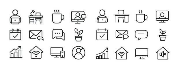 Home office essentials icons: work, communication, productivity, technology, minimalist set