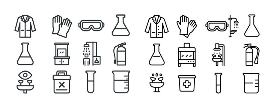 Laboratory safety equipment icons: coat, gloves, goggles, flask, fire extinguisher