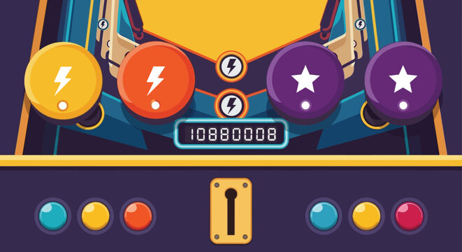 Colorful pinball machine illustration with buttons lights and score display.
