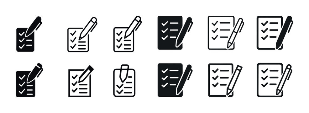 Set of pen and checklist icons in black and white for to-do lists and task management