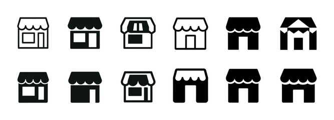 Set of twelve black and white storefront icons with awning designs