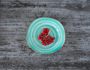 Close-up of red berries in turquoise bowl, wood grain background