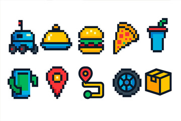 Fototapeta premium Pixel art icon set: food, travel, delivery in vibrant pixel style collection