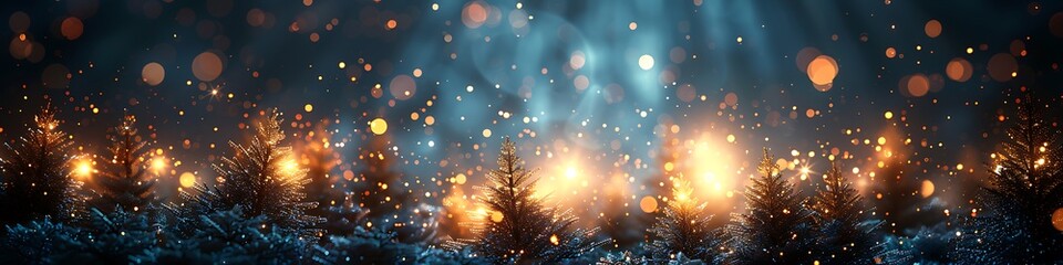 Panoramic Winter Forest Scene with Glowing Lights and Snowfall