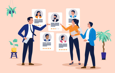 Human resources team reviewing online candidate profile cards with star ratings on a wall, representing job recruitment, hiring new employees, selecting the best applicant, and staff management