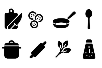 Cooking solid icon set: essential kitchen utensils and ingredients for chefs