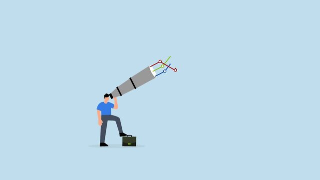 Forecast to analyze future opportunity, 4k animation of businessman look through telescope to see forecast chart.
