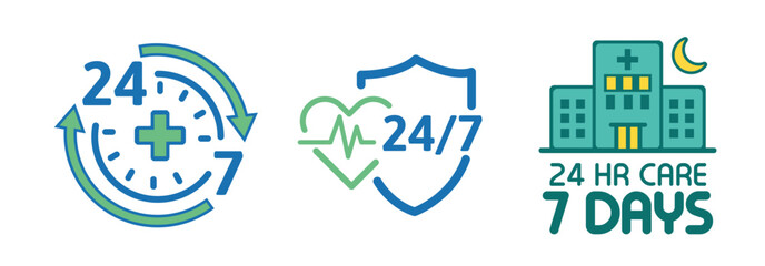 24/7 Medical Emergency Service Icons Set with Hospital, Heartbeat and Healthcare Symbols.
