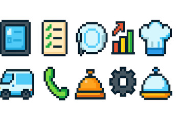 Hospitality and restaurant flat icon set. Food service, hotel, travel icons collection