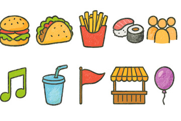 Food and music hand-drawn icon set. Doodle style for market and event themes
