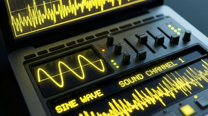Sound editing equipment displays waveforms and audio channels in a modern studio setting
