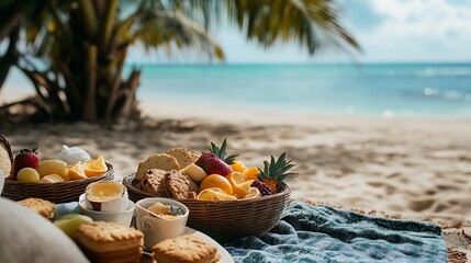 Beachside picnic with assorted biscuits and tropical fruits on bowl